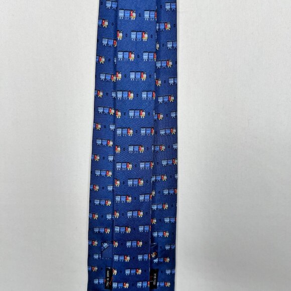 Beaufort Tie Rack Men’s Neck Tie Silk Blue w/ Colorful Trains Long Necktie Italy - Picture 6 of 12